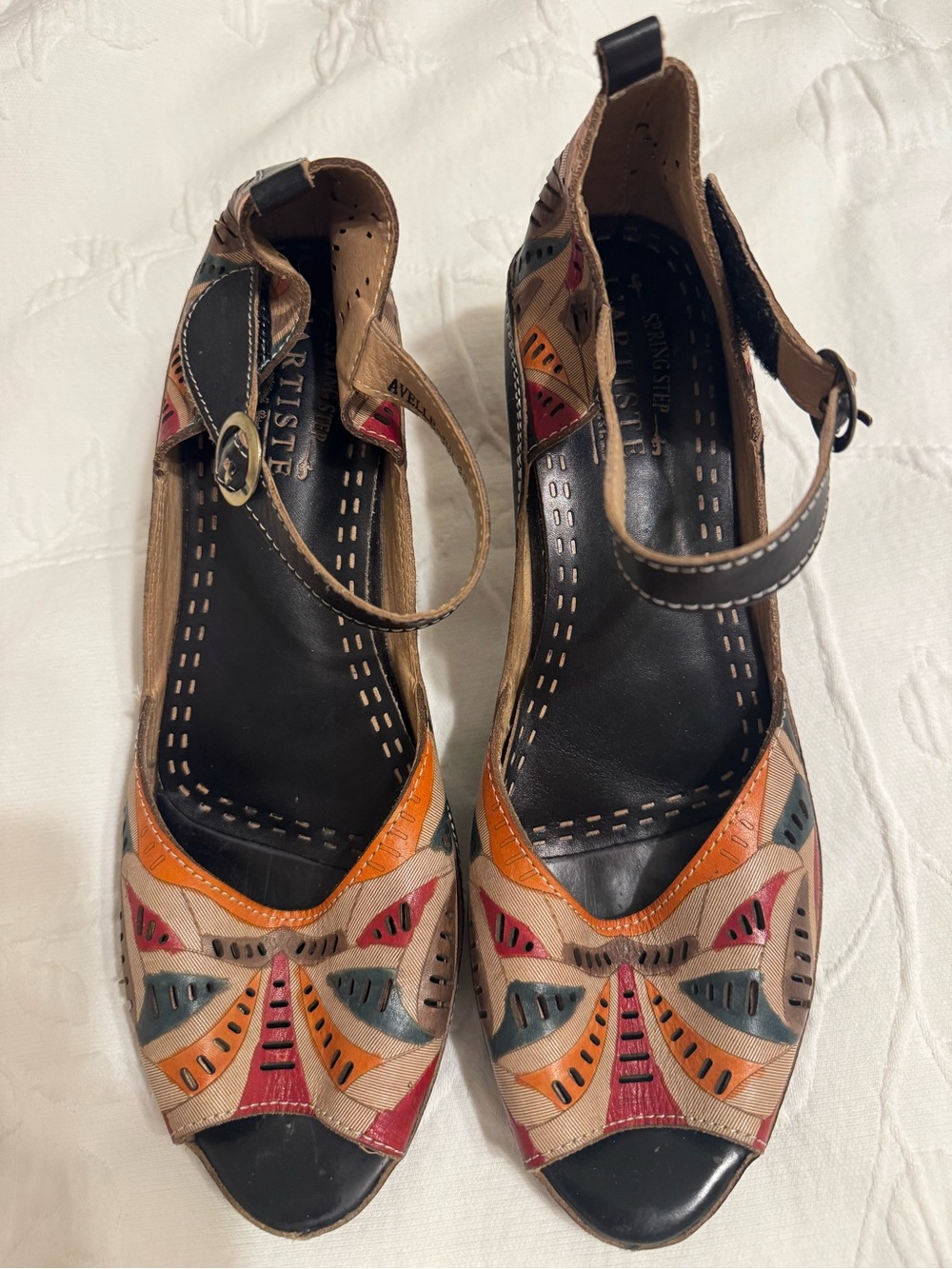 L’Artiste Avelle Multicolor Leather Peep-Toe Ankle Strap Heels